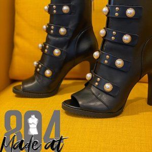 KARL LAGERFELD PARIS | Brayden Leather Pearl Embellished Booties